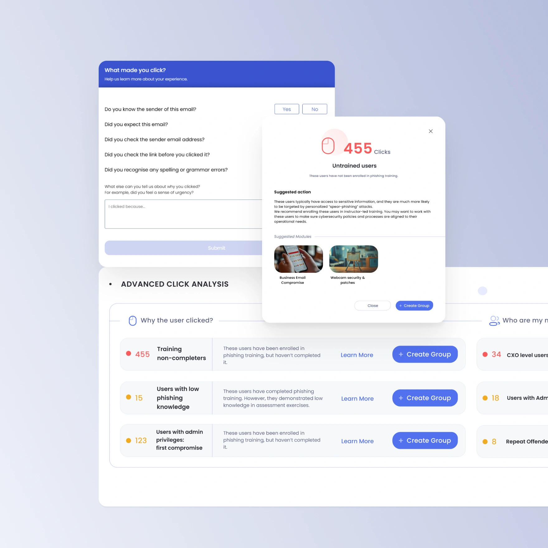 OutThink's AI-powered phishing simulation tool displaying root cause analysis of user clicks, metrics, and segmentation.